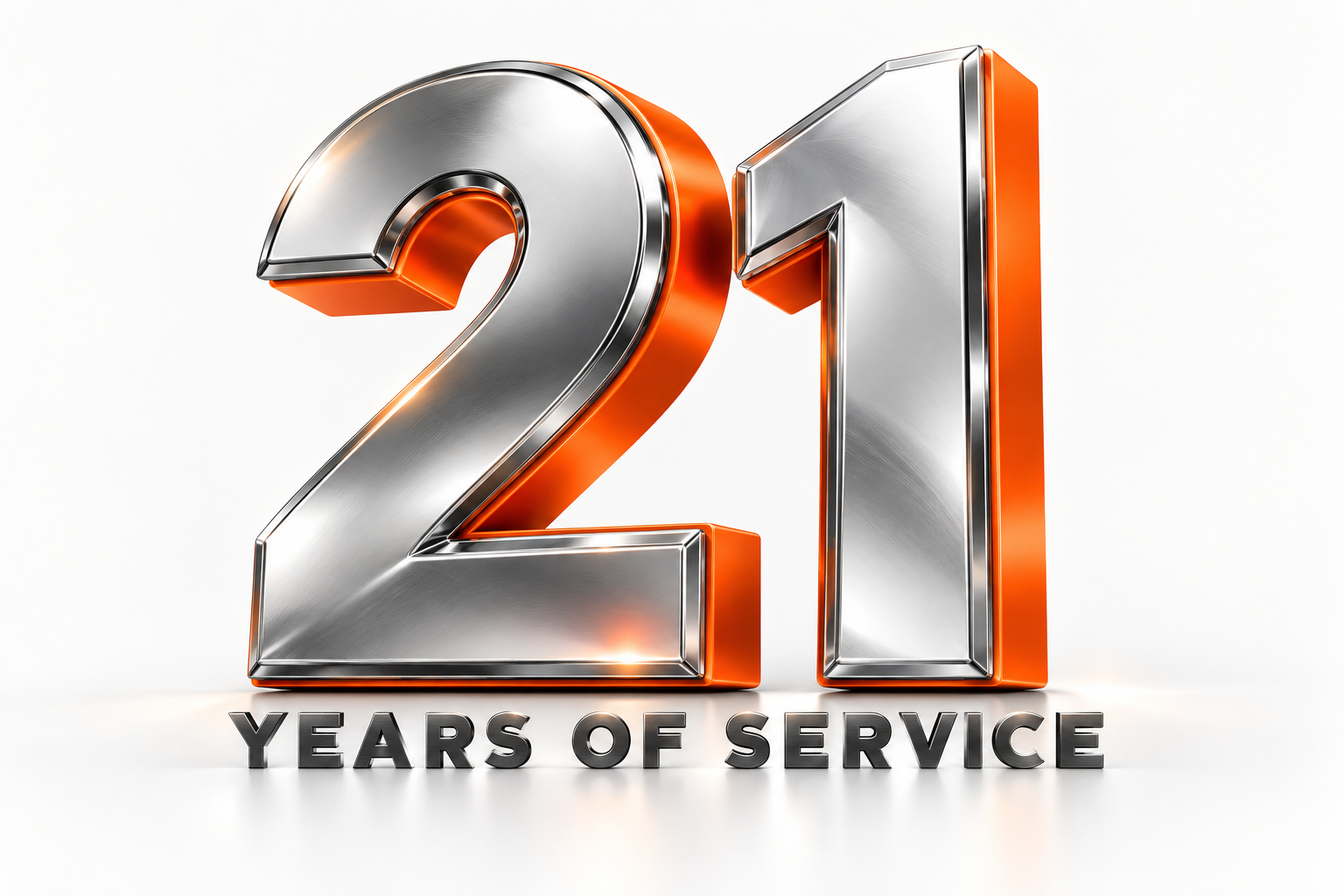 21 Years of Service — silver and orange 3D anniversary emblem