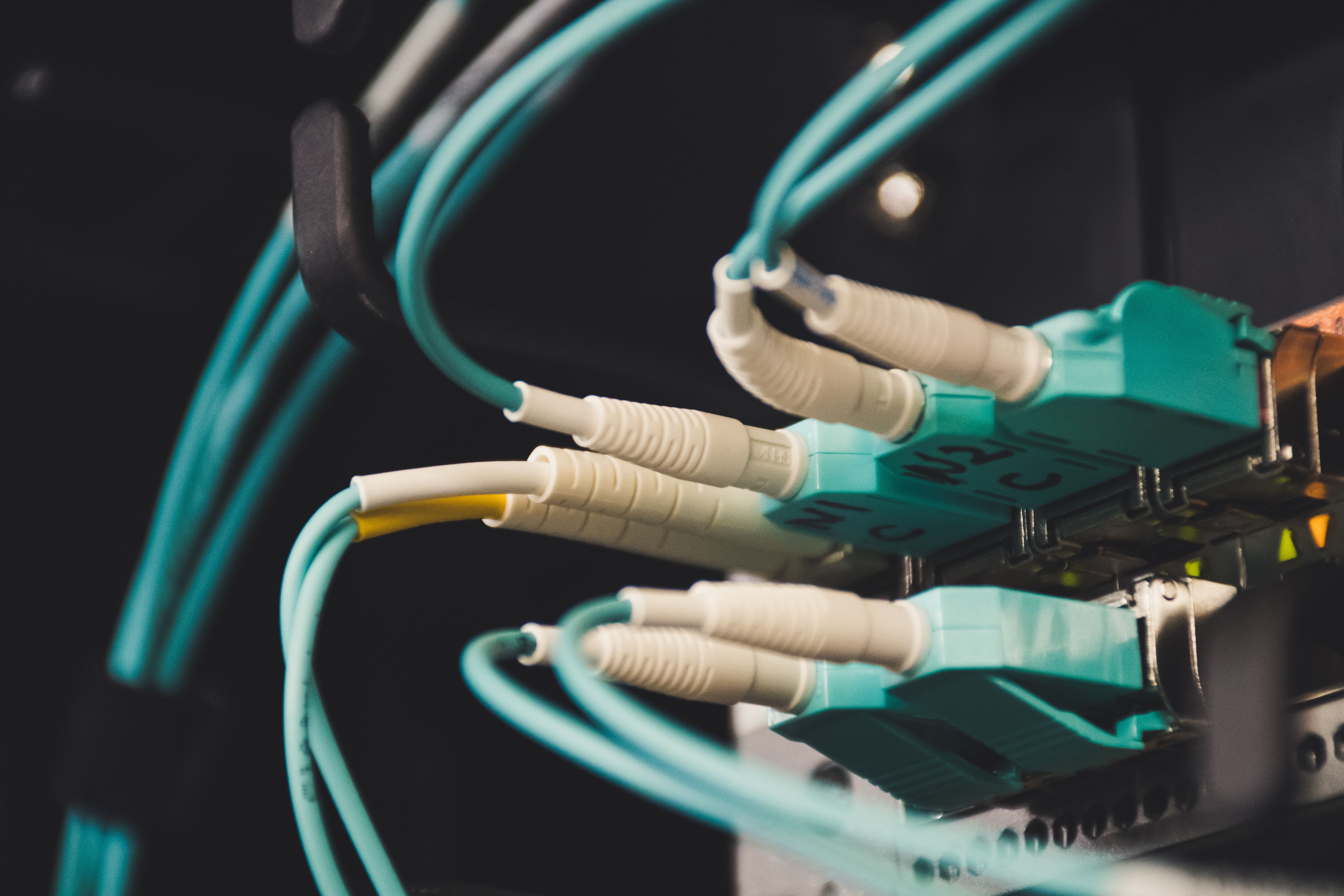 Aqua fibre optic cables connected to network equipment