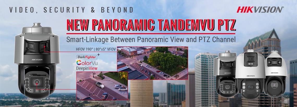 Official Hikvision TandemVu panoramic PTZ camera range, showing wide-area coverage and close-up viewing