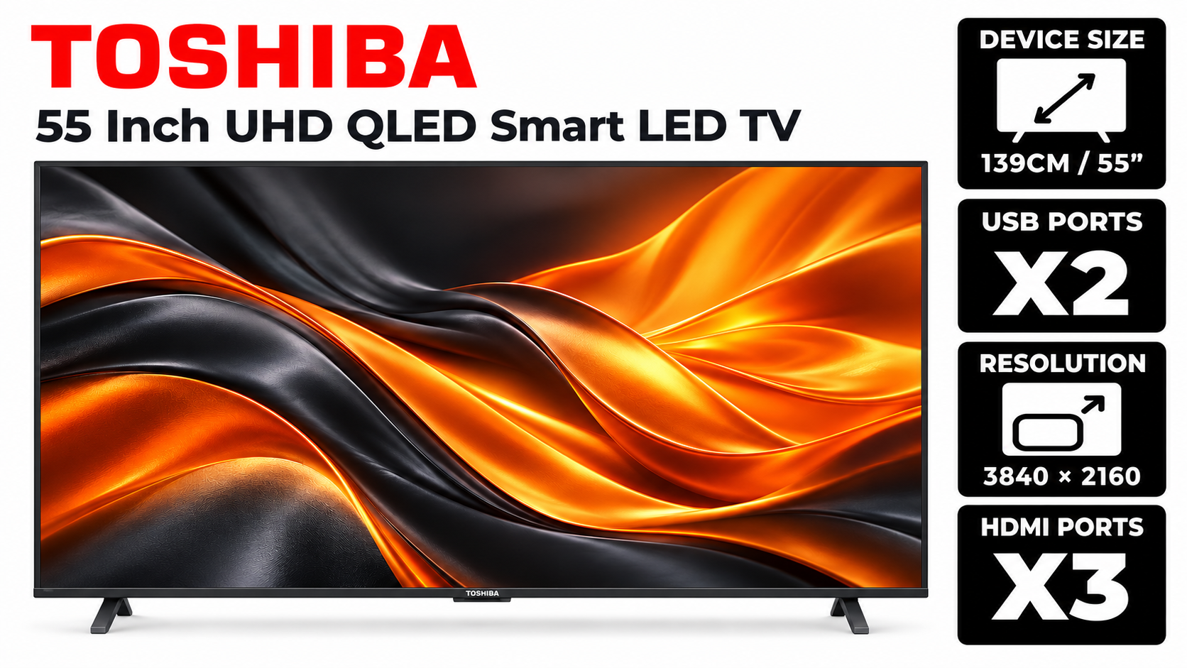 Toshiba 55-inch UHD QLED Smart LED TV — 3840 × 2160 resolution, 2 USB ports and 3 HDMI ports; promotional illustration