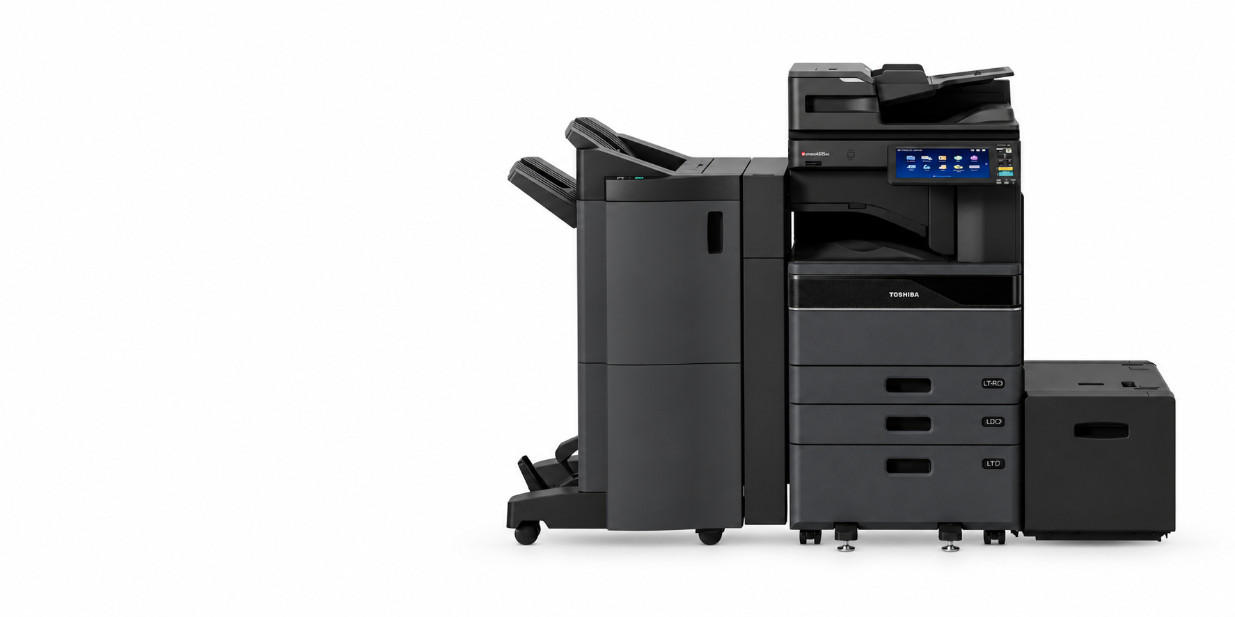 Studio presentation of a Toshiba e-STUDIO6525AC with optional paper handling and finishing equipment